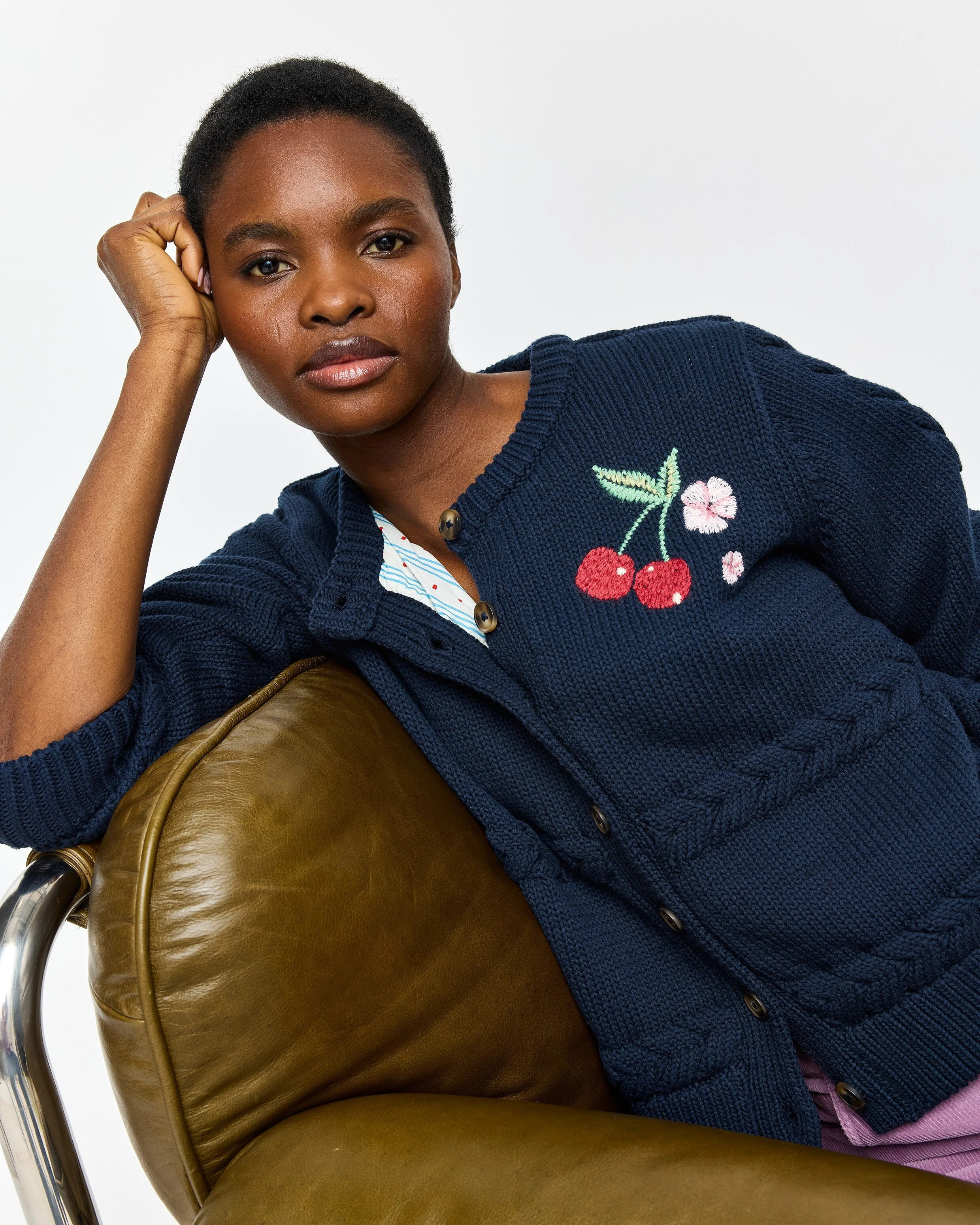 Navy Blue Cherry Embroidered Lined Knitted Jacket, size 10 | Oliver Bonas (Global)