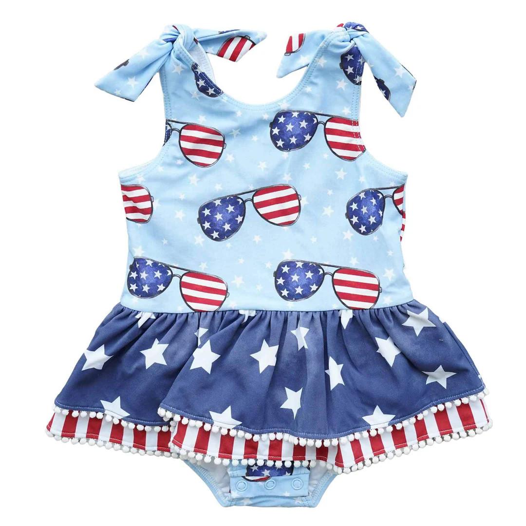 Tiered Skirt with White Pom Trim | Patriotic Summer | Caden Lane