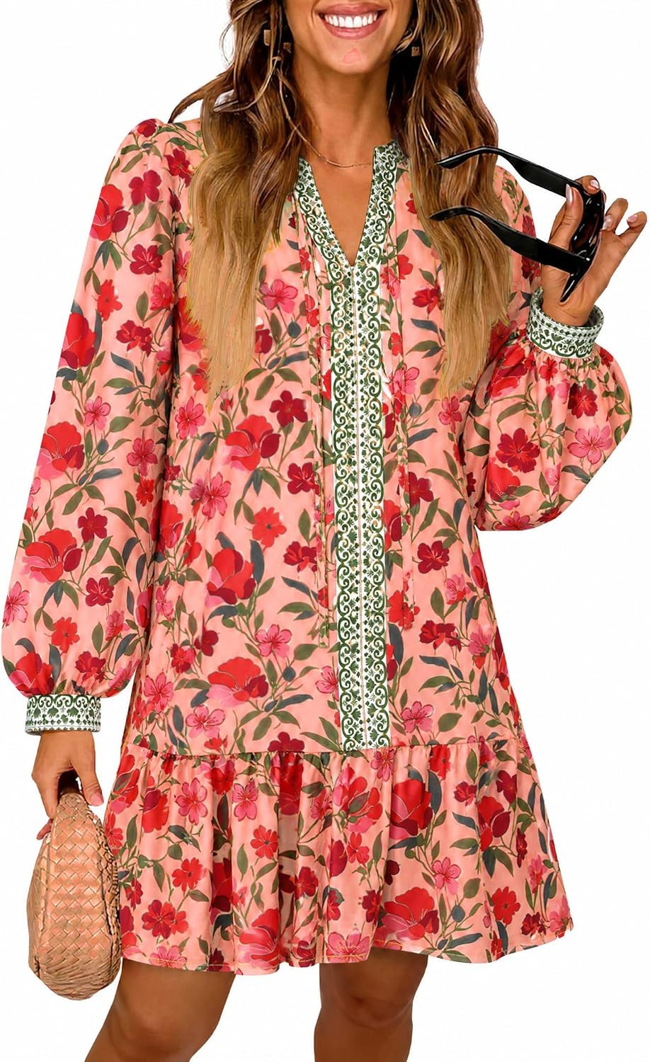 Wenrine Womens Long Sleeve Mini Dress Floral V Neck Ruffle Dresses | Amazon (US)