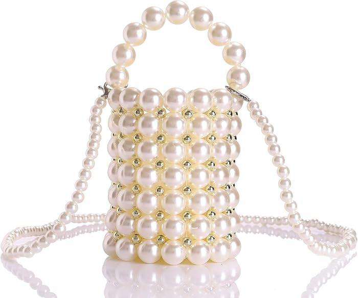 Beaded Handbag for Women White Pearl Decoration Evening Bags with Detachable Chain Inner Bag | Amazon (US)