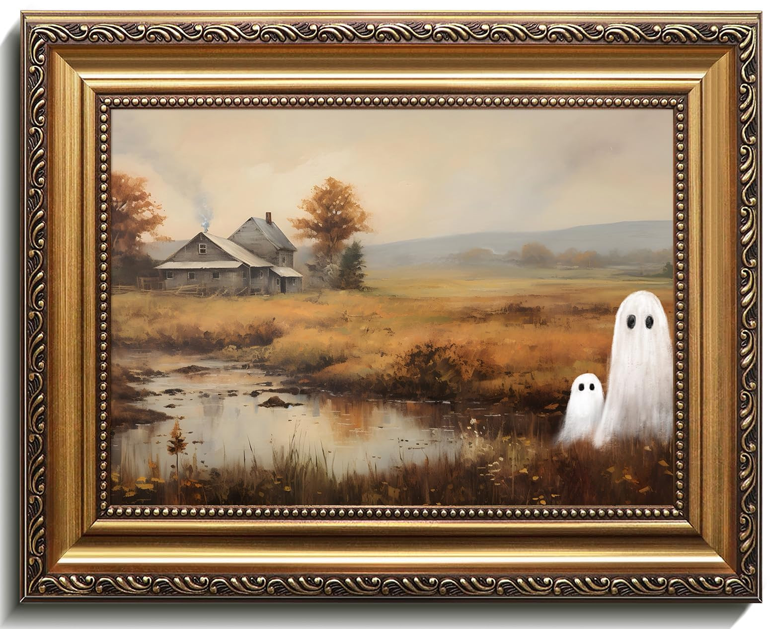 Vintage Gold Framed Halloween Wall Art, Cute Ghosts in Field Canvas Painting, Moody Gothic Ghost ... | Amazon (US)