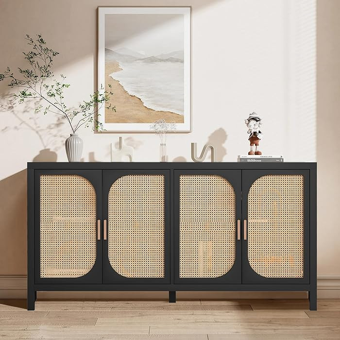 Fiogmub Rattan Sideboard Buffet Cabinet with Storage, Wooden Cabinet with 4 Doors Adjustable Shel... | Amazon (US)
