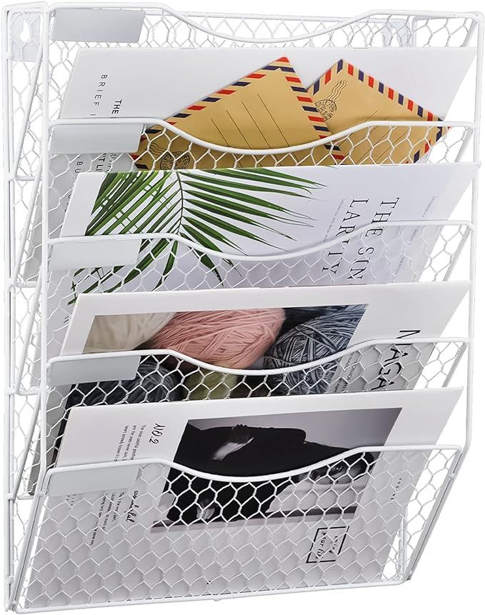 EASEPRES Mail Organizer Wall Mount Hanging File Holder Storage, Metal Chicken Wire Magazine Rack ... | Amazon (US)