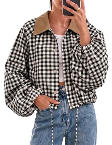 UANEO Women's Cropped Jacket Gingham Plaid Corduroy Collar Bomber Jacket (Black-S) | Amazon (US)