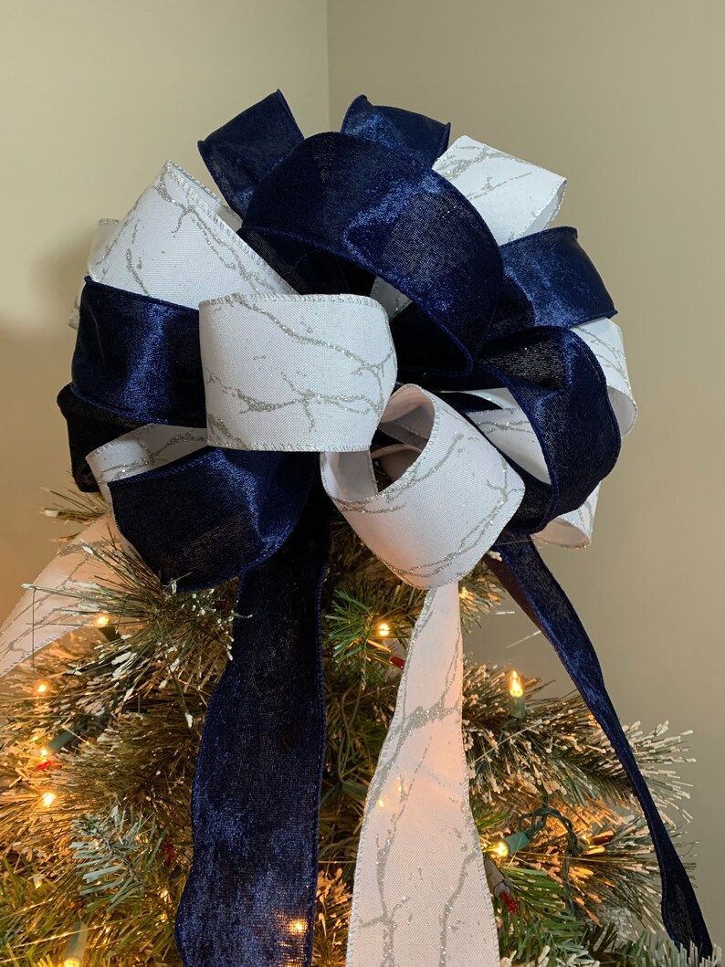 Large Christmas Tree Topper Navy Blue Velvet Ribbon and White - Etsy | Etsy (US)