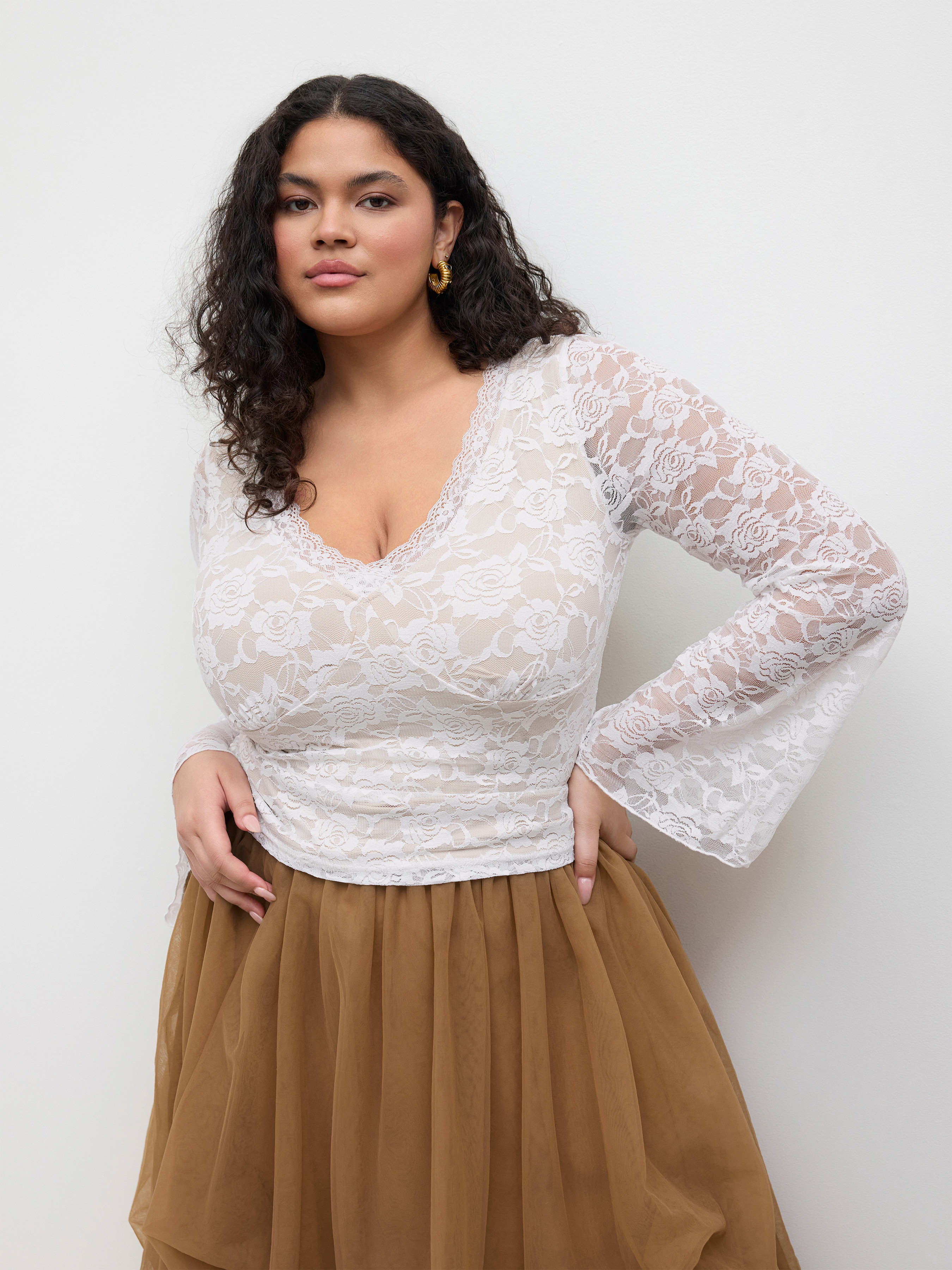 Lace Lace V-neck Floral Long Sleeve Top Curve & Plus For Date Holiday | Cider