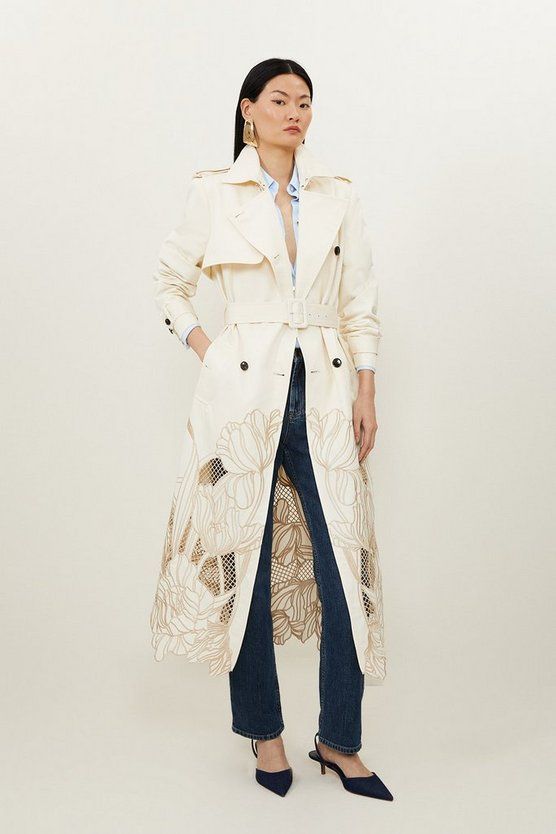 Tailored Cutwork Embroidered Belted Trench Coat | Karen Millen US