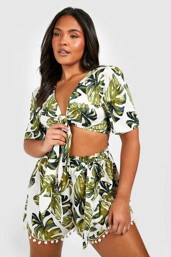 Plus Palm Print Tassel Beach Two-Piece | Boohoo.com (US & CA)