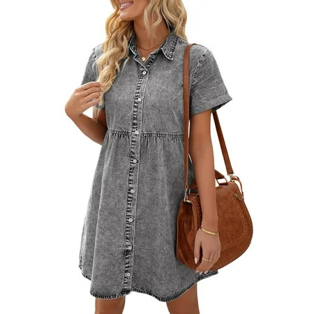 Women s Summer Denim Dress Short Sleeve Button Down Solid Color Lapel Casual Dress | Walmart (US)