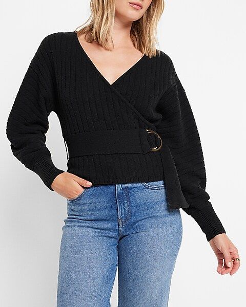 Ribbed Belted Faux Wrap Dolman Sleeve Sweater | Express