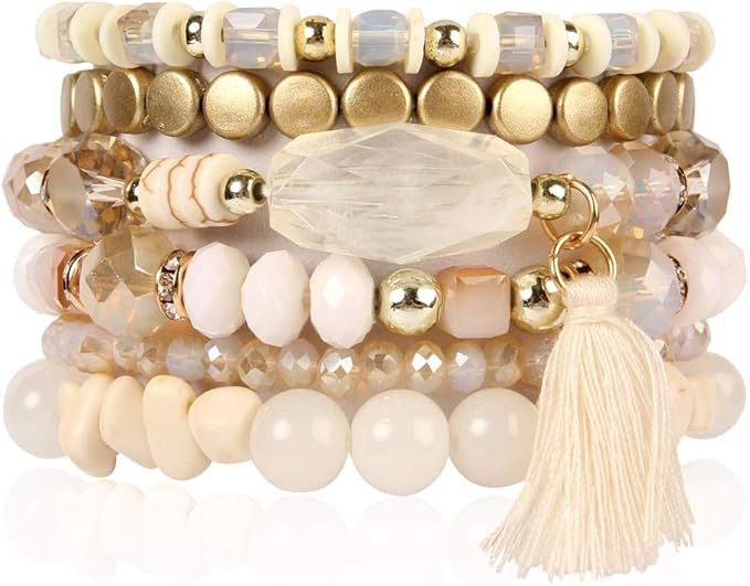 RIAH FASHION Coin Bead Multi Layer Versatile Statement Bracelets - Stackable Beaded Strand Stretc... | Amazon (US)