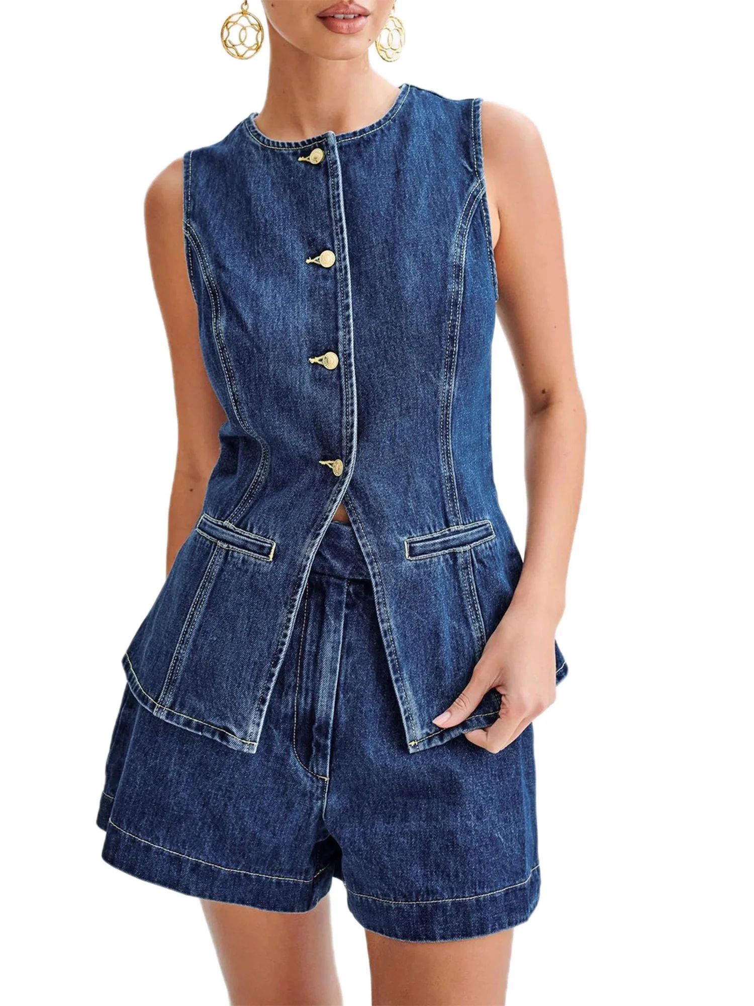 NUIDARAIO Women's Denim Long Vest Tops Button-up Back Slit Sleeveless Pocket Round Neck Waistcoat | Walmart (US)