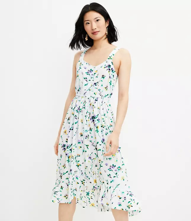 Floral Button Ruffle Midi Dress | LOFT | LOFT