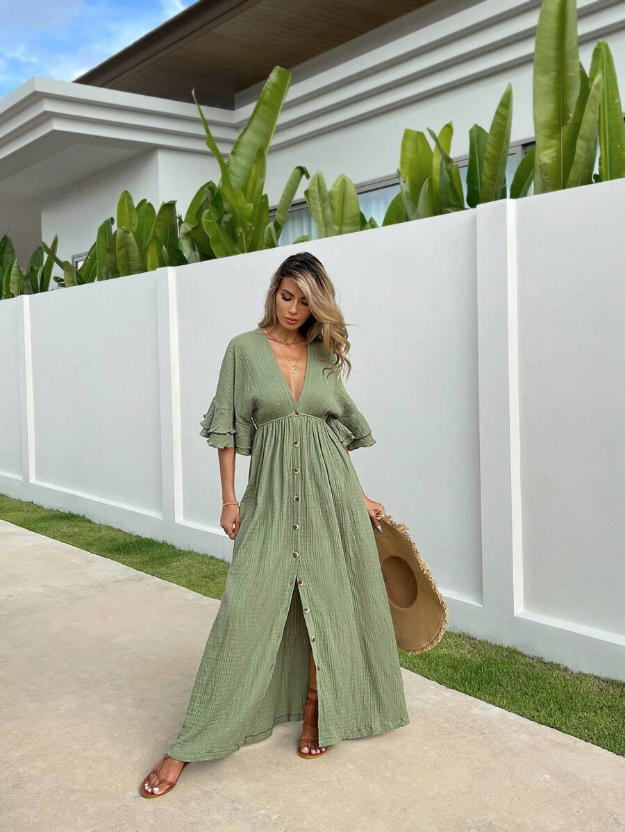 VCAY V Neck Ruffle Sleeve Slit Detailed Premium Summer Dress | SHEIN