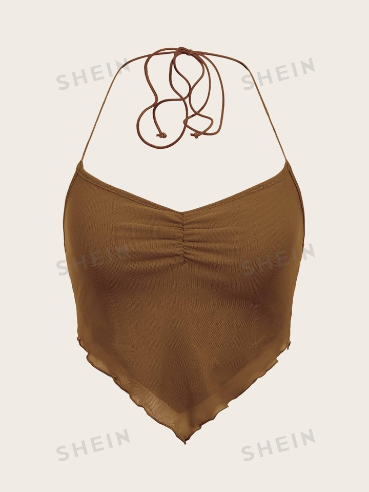 SHEIN ICON Ruched Tie Backless Hanky Hem Mesh Halter Top | SHEIN USA | SHEIN