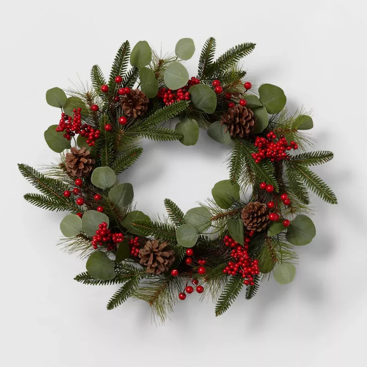 22" Mixed Greenery Artificial Christmas Wreath with Red Berries & Pinecones - Wondershop&... | Target