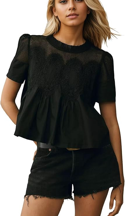 Women Swing Lace Blouse Summer Mock Neck Puff Short Sleeve Mesh Tops See Through A-Line Pleated S... | Amazon (US)