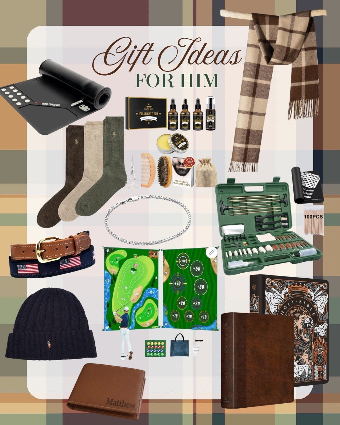 Gift Guide for Him 
Amazon
Prime 
Polo
Golf
Bible 
Wallet 
Beard 
Gun Cleaning Kit 
Scarf 

#LTKGiftGuide #LTKHoliday #LTKFindsUnder100