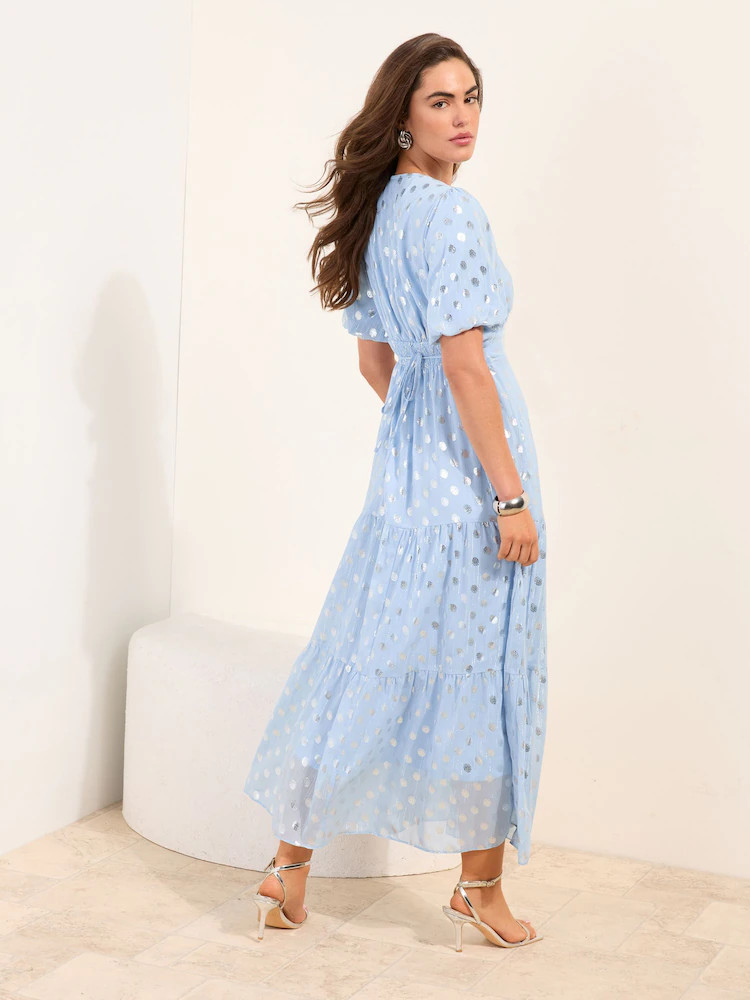 Friends Like These Pale Blue Polka Dot Metallic Short Sleeve Midi Dress | Next EU