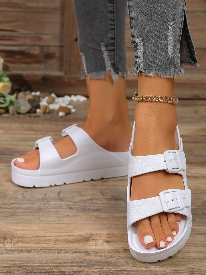 2023 New Summer White Slip-resistant, Wear-resistant, Shock-absorbing Flat Sandals With Buckle Fo... | SHEIN