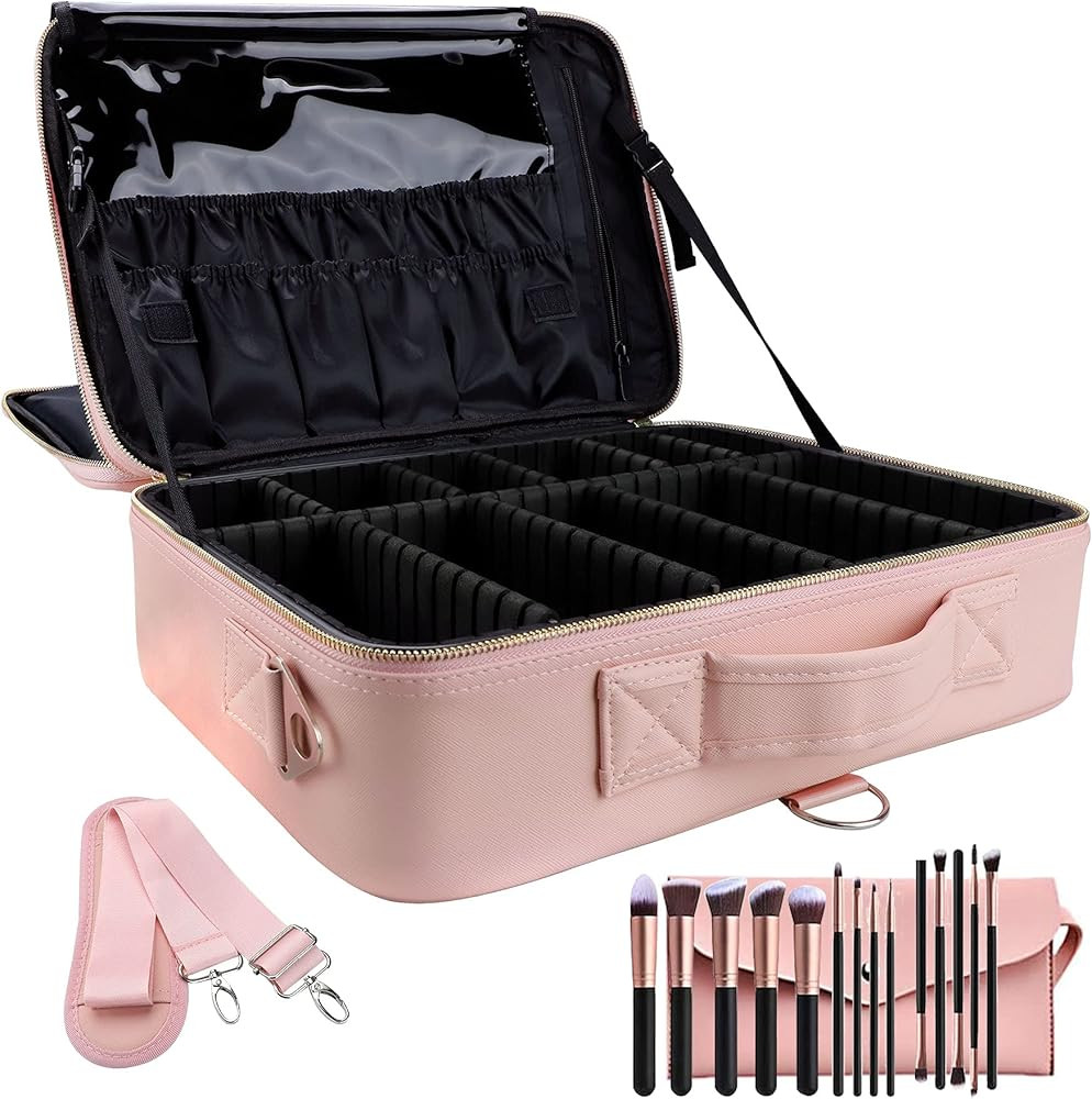 OEWOER Leather Makeup Bag With Adjustable Strap and Makeup brush, 16" Large Cosmetic Train Case S... | Amazon (US)