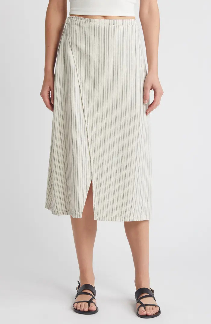 Stripe Linen Blend Wrap Midi Skirt | Nordstrom