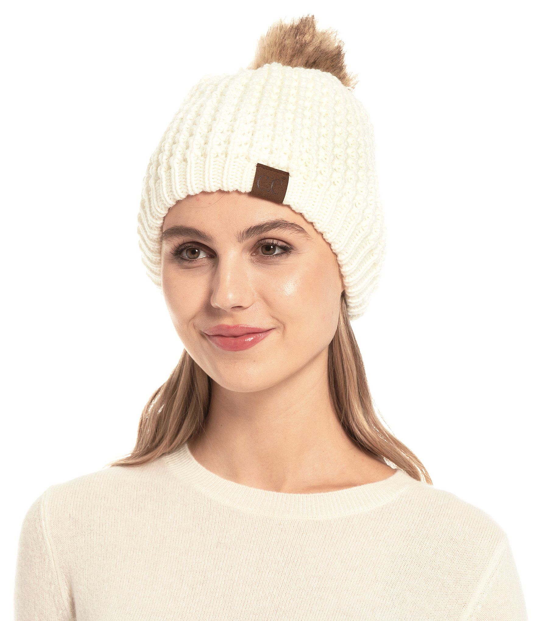 Solid Waffle Stich Faux Fur Pom Beanie | Dillards