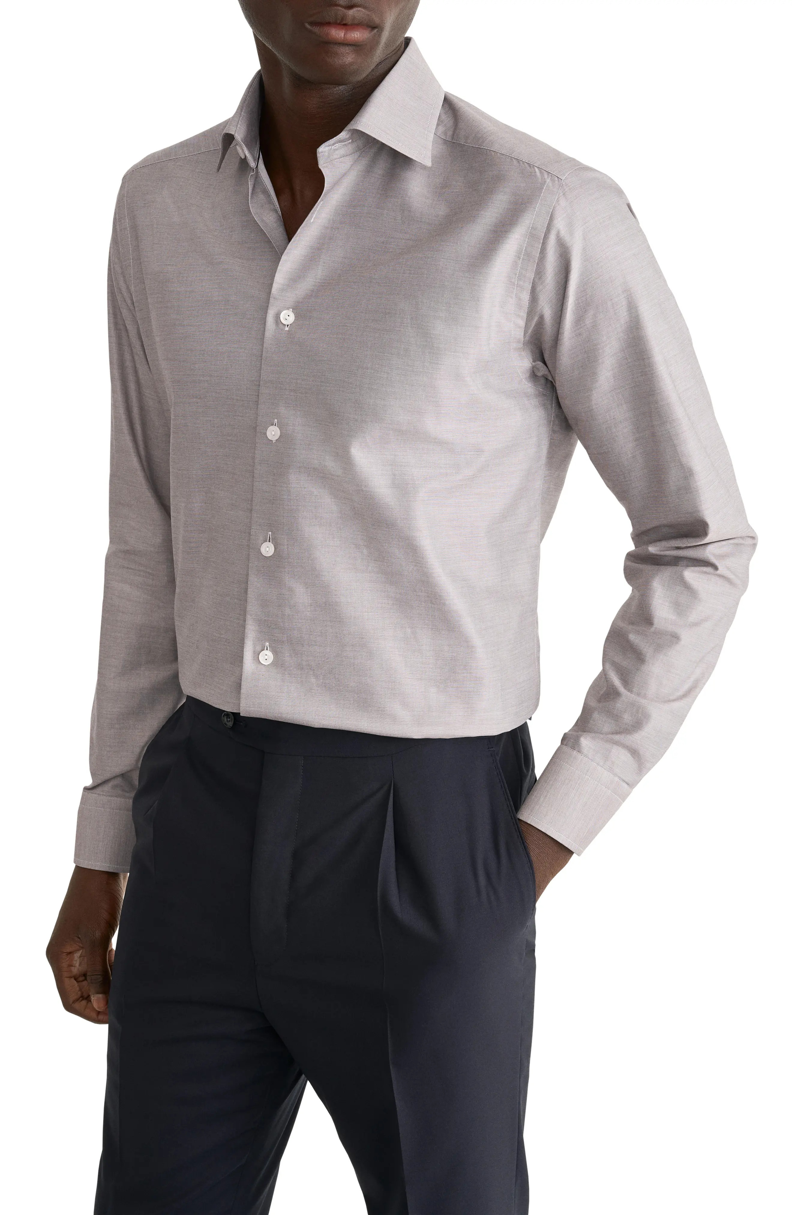 Eton Contemporary Fit End on End Cotton Shirt in Medium Brown at Nordstrom, Size 16.5 | Nordstrom