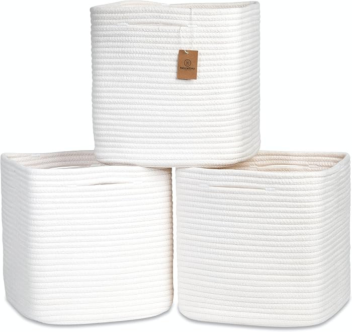 NaturalCozy 13 Inch Cube Storage Bins Cotton Rope Woven Baskets for Organizing 3-Pack | 13 x 13 S... | Amazon (US)