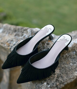 x Jennifer Sumko Mimi Kidsuede Fringe Dress Mules | Dillard's