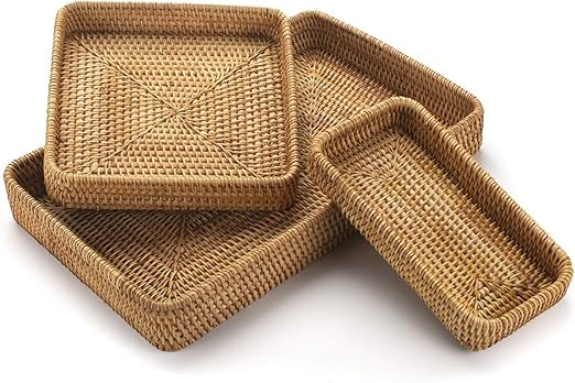 Rattan Serving Tray, Rectangular Woven Tray, Natural Wicker Decorative Serving Baskets for Organi... | Amazon (US)
