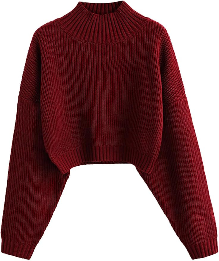 ZAFUL Women's Cropped Turtleneck Sweater Lantern Sleeve Ribbed Knit Pullover Sweater Jumper | Amazon (US)