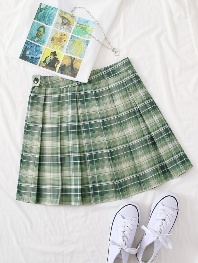 High Waist Tartan Pleated Skirt | SHEIN