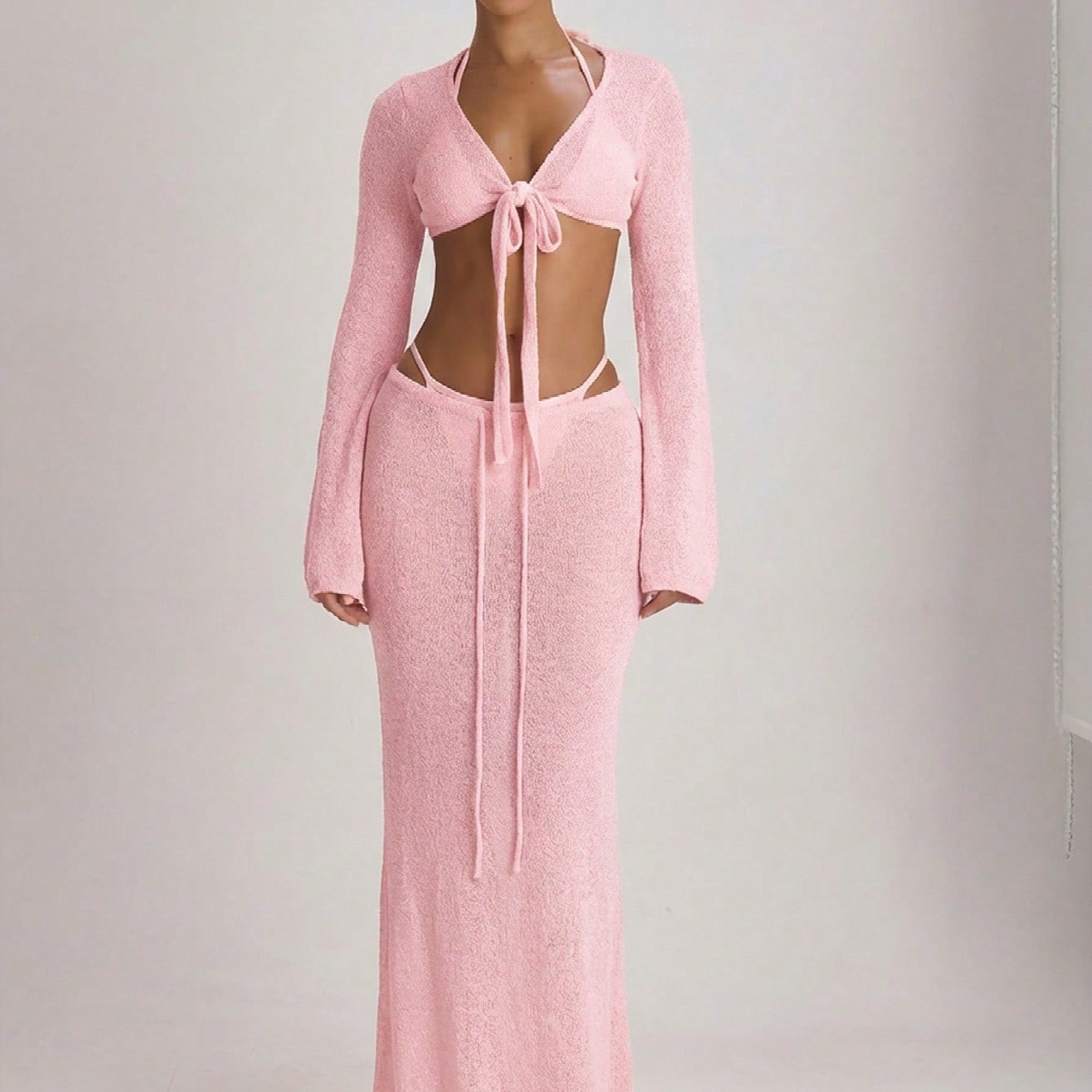 Musera Resort Knit Tie Front Maxi Skirt Cover Up Swim Vacation Holiday Summer Travel Beachwear Basics Solid Colour Resort Core Casual Elegant | SHEIN