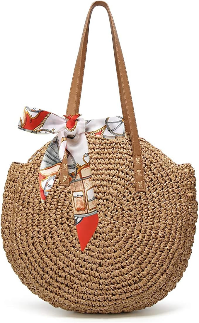 Women's Straw Handbags Large Summer Beach Tote Woven Round Pompom Handle Purse Shoulder Bag Vocat... | Amazon (US)