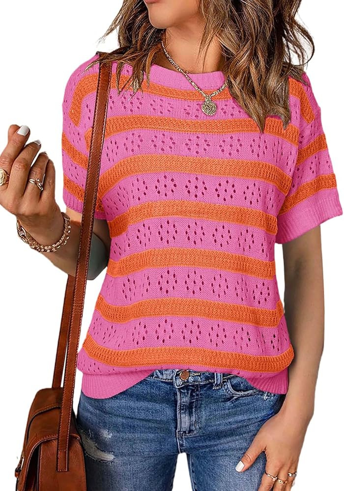 EVALESS Womens Short Sleeve Sweater Casual Crewneck Knit Shirt Tops Spring Trendy Striped Color B... | Amazon (US)