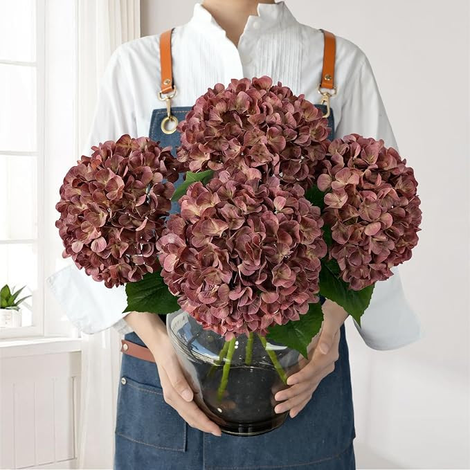 Dark Coffee Silk Hydrangea Artificial Flowers, 4Pcs 22Inch Full Fake Artificial Hydrangeas with S... | Amazon (US)