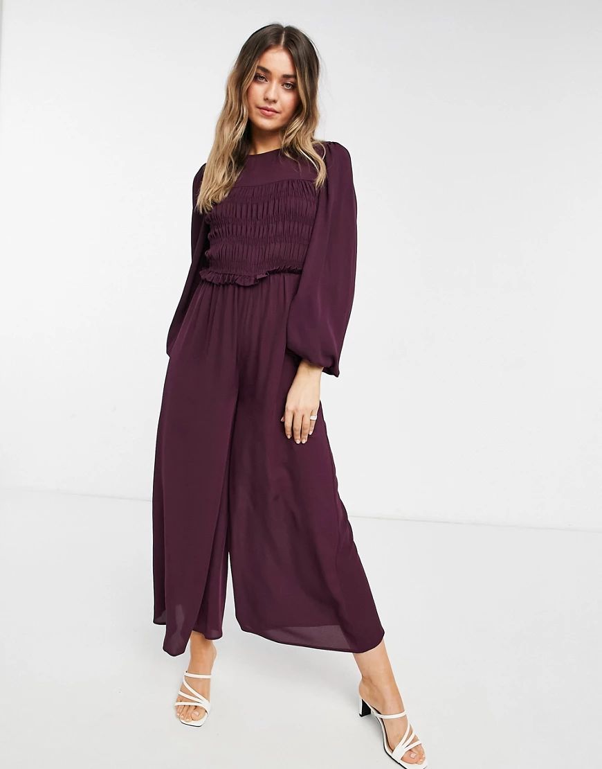 ASOS DESIGN modest shirred smocked waist jumpsuit in plum-Purple | ASOS (Global)