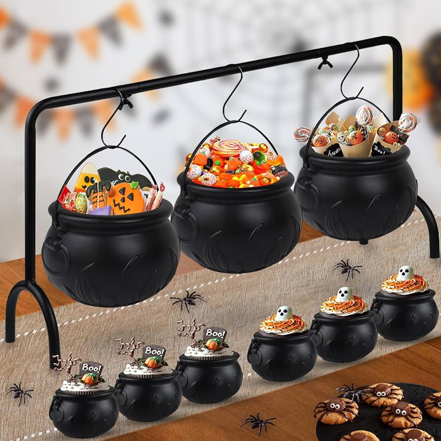 Halloween Cauldrons Serving Bowl Decor, Set of 9 Hanging Black Plastic Cauldron Bowls with Iron R... | Amazon (US)