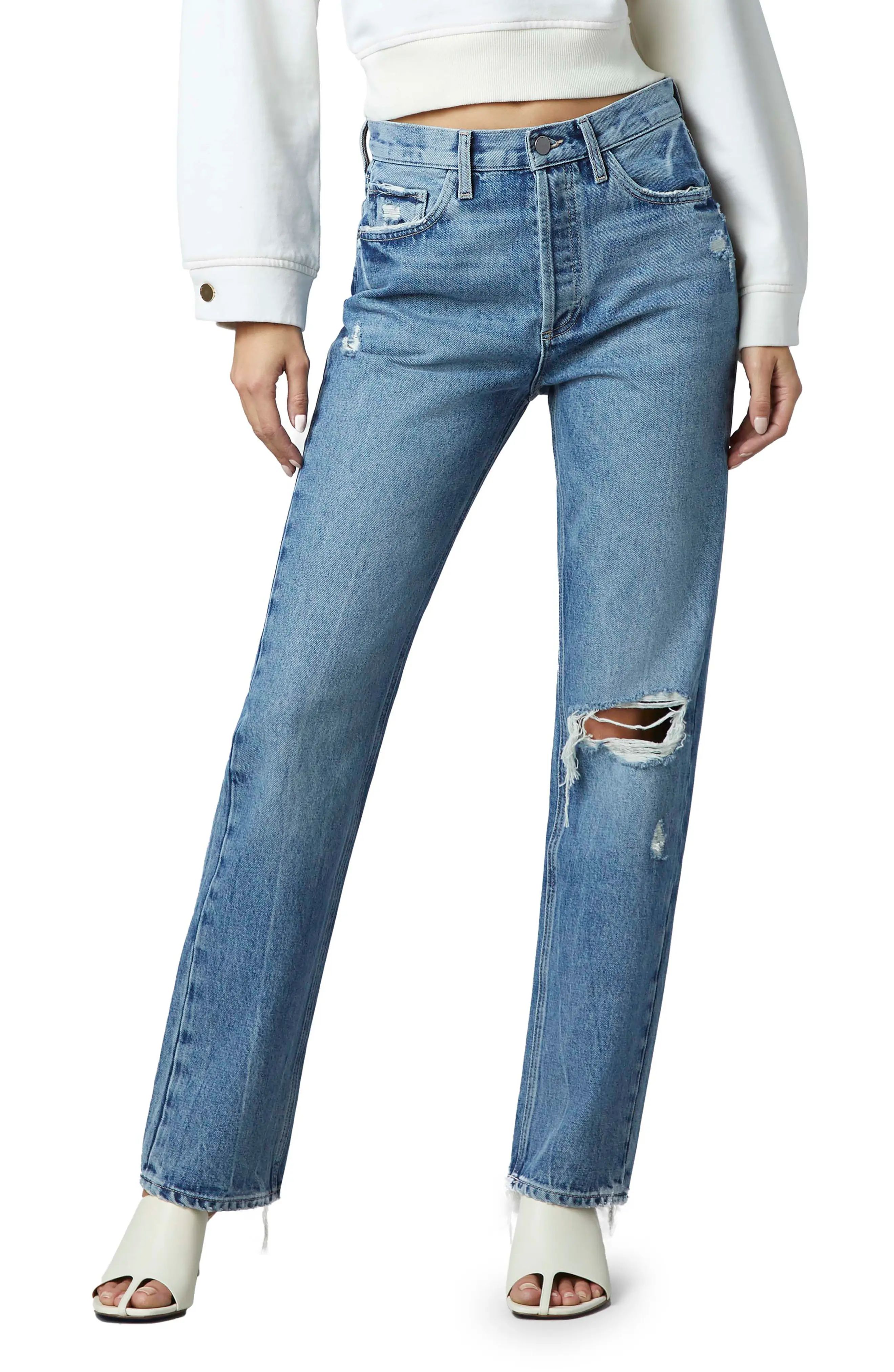 DL1961 Emilie Ultra High Waist Straight Leg Jeans in Rigid Light Distress at Nordstrom, Size 29 | Nordstrom