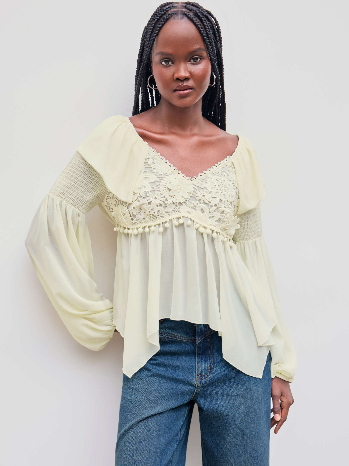 Chiffon V-neck Solid Ruffle Pom Pom Shirred Long Sleeve Blouse... | Cider