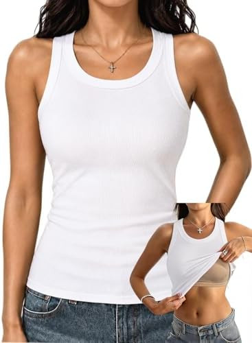 Danysu Racerback Tank Tops with Built in Bra for Women High Neck Ribbed Basics Fitted Long Bra Ta... | Amazon (US)
