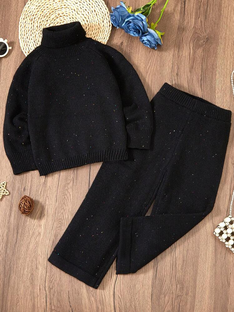 SHEIN Young Girl Knit Turtleneck Top & Straight Leg Pants 2pcs Outfit Set, Polka Dots Pattern, Su... | SHEIN