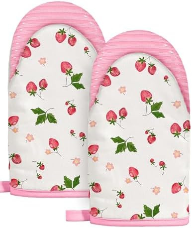 Slohif Cute Strawberry Mini Oven Mitts Set – Pink Extended Short Heat Resistant Kitchen Gloves ... | Amazon (US)
