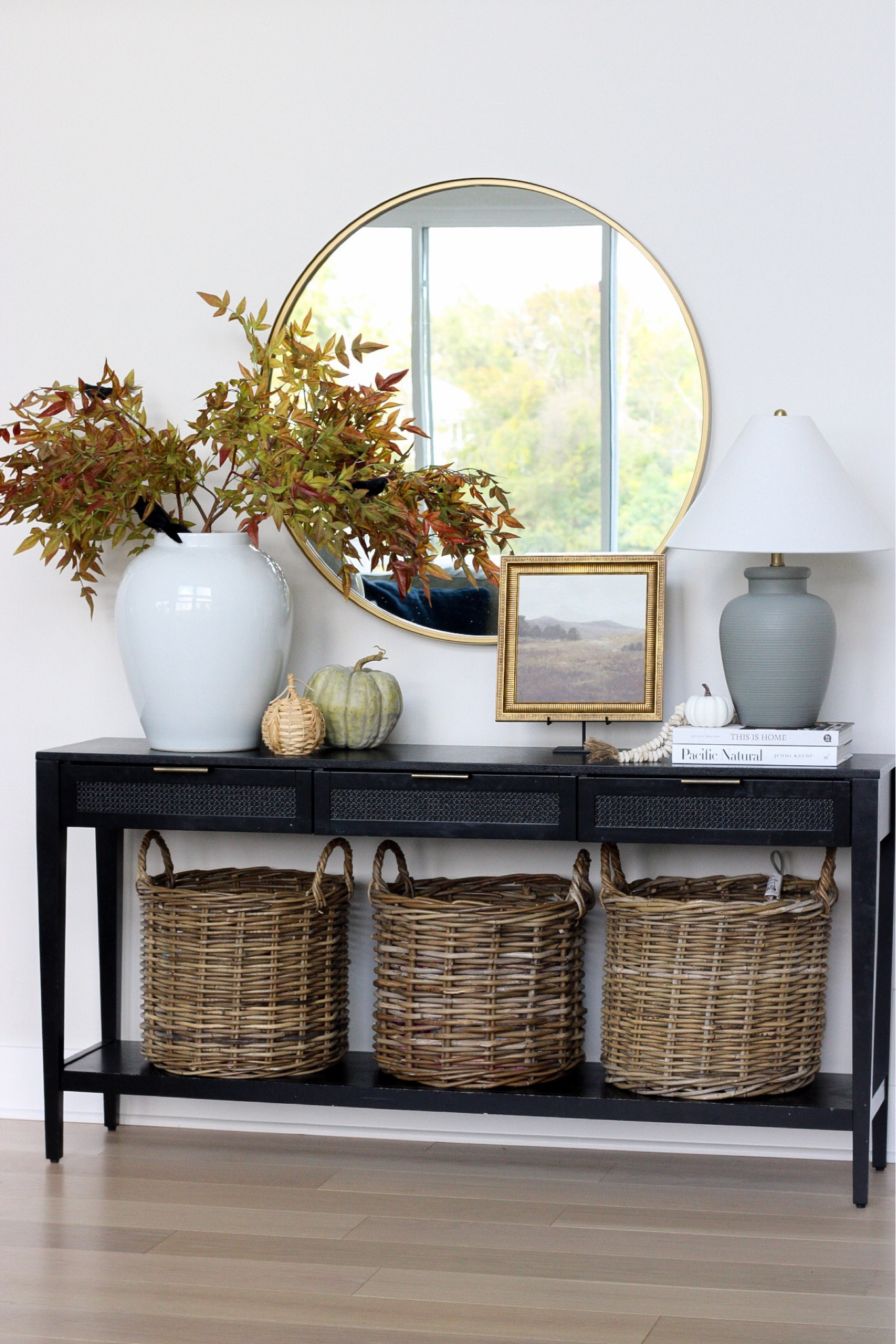 Fall decor, fall console table, thanksgiving decor, console styling, black console table, round mirror 

#LTKstyletip #LTKhome #LTKSeasonal