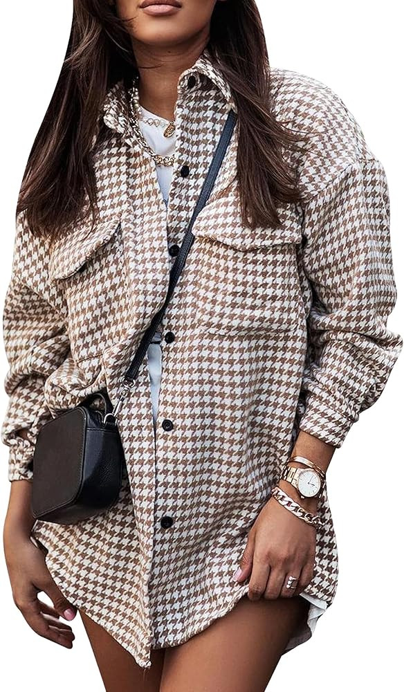 Xunger Women’s Houndstooth Plaid Jacket with Lining Loose Fit Button Down Oversized Shacket | Amazon (US)