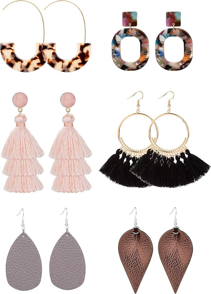 REVOLIA 6 Pairs Tassel Earrings for Women Girls Dangle Earrings Statement Leather Teardrop Drop Earr | Amazon (US)