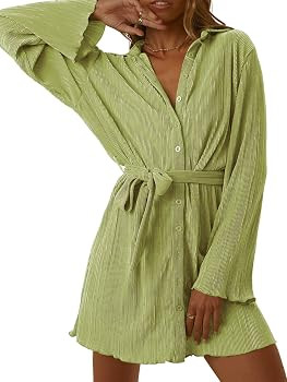 LYANER Women's Collar V Neck Button Down Pleated Long Sleeve Mini Shirt Dress with Belt | Amazon (US)
