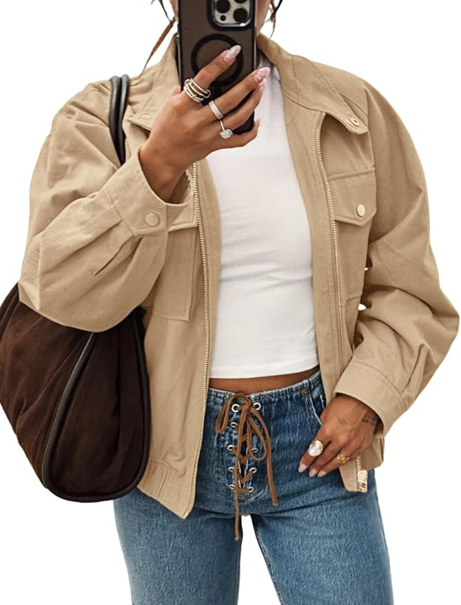 Twill Bomber Jacket Women Lapel Long Sleeve Collar Zipper Cotton Trendy Streetwear Outerwear Coat... | Amazon (US)