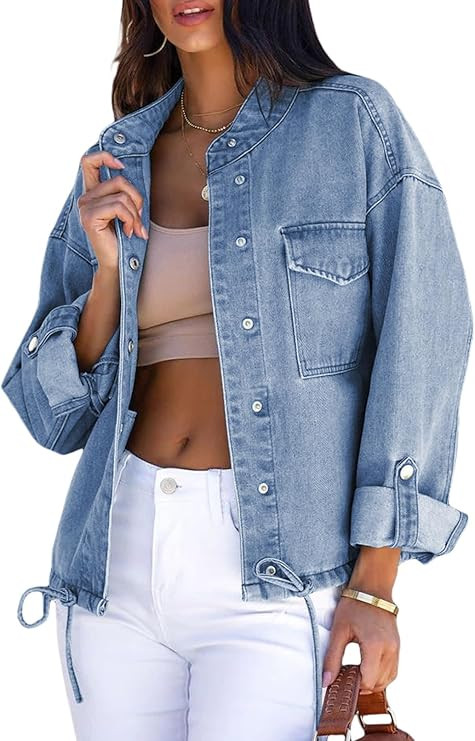 Dokotoo Jean Jacket for Women Cropped Jacket 2024 Fashion Casual Denim Jacket Long Sleeve Button ... | Amazon (US)